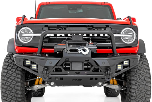 Black steel front bumper with winch plate and tubular design, front view