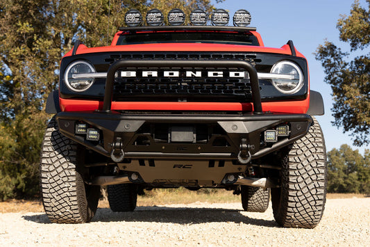 Black steel tubular bumper with mounting points, front view for Ford Bronco
