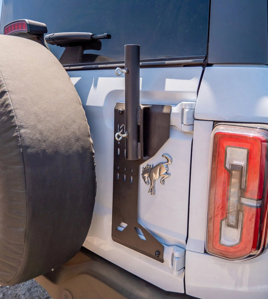 Black metal flag mount for Ford Bronco tailgate, side view