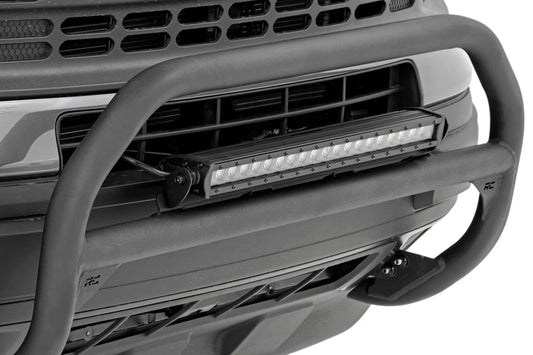 Black steel nudge bar with mounting brackets for Ford Bronco Sport, front view