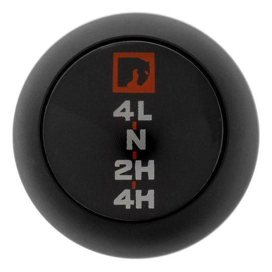 Black T-style transfer case shift knob with textured grip, side view