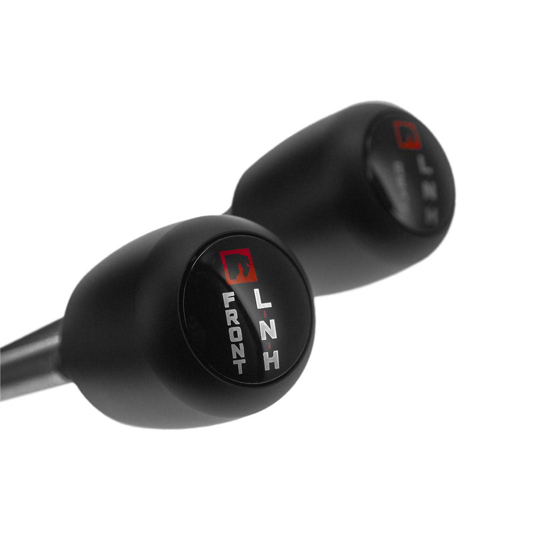 Black J-style twin stick shifter with textured knobs for AOD/AODE transmissions, side view