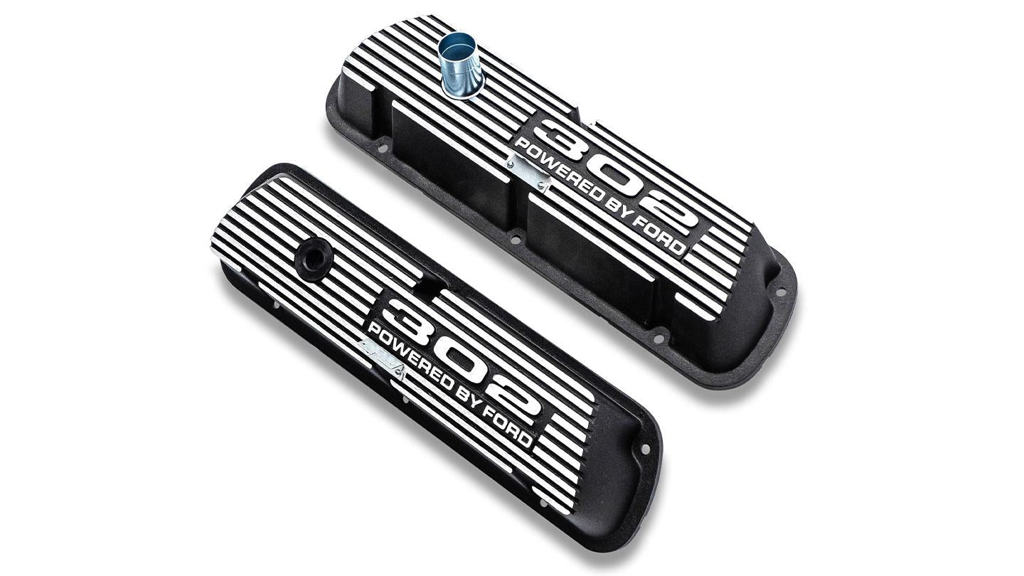 Black 302 Script Aluminum Valve Covers, 1966-77 Ford Bronco