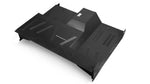 Unassembled black steel body tub kit with visible mounting points, front view