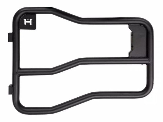 Black steel tube doors with horizontal bars and latch mechanism for Ford Bronco, front view
